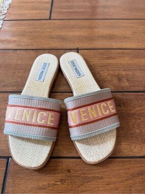 Steve Madden Venice Pink Embroidered Raffia Slide Sandals Women’s Size 6M